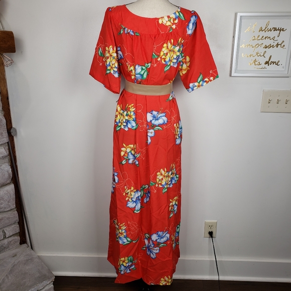 Vintage Hawaiian Red Mumu Floral Short Sleeve Maxi Dress M - Picture 3 of 16